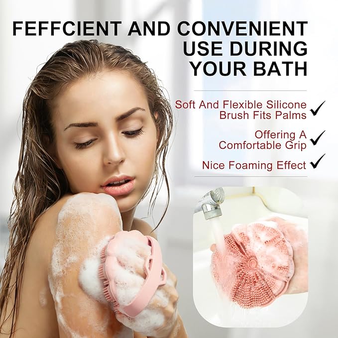 Silicone Body Scrubber Shower Brush, Exfoliating Body Wash Scrubbers for All Skin Types, Ergonomic No-Slip Handle, Body Brush for Showering (Pink)