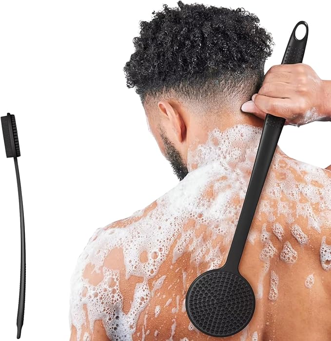 ARK Silicone Scrubber for Shower, 17 in Lengthened Long Handle Body Brush, Double Sided deep Cleaning & Massaging Shower Scrubber, Rich Foam Producer for Men & Women.