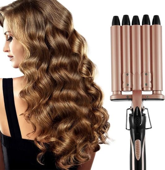 5 Barrel Hair Crimpers and Wavers, Fast Heat 15mm Portable Wand for Long Hair, Adjustable Two-Gear Temperature Wavy Curler (Gold)