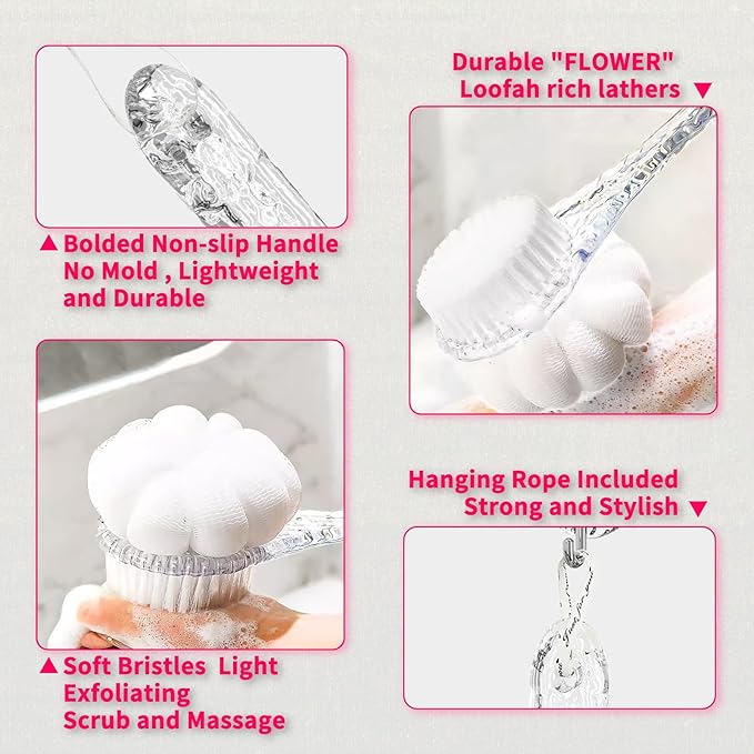 Body Brush Dual-Sided Shower Brush Back Scrubber, Premium Medium Soft and Stiff Bristles,Back Scrubber for Shower, Perfect Durable Non-Slip Long Handle Bath Brush (Transparent Handle)