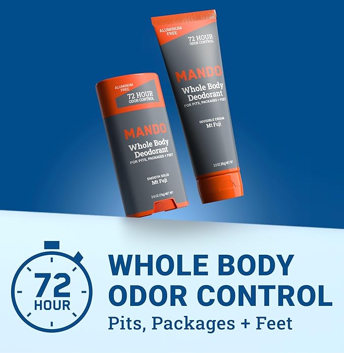Mando Whole Body Deodorant - Invisible Cream Tube and Solid Stick - 72 Hour Odor Control - Aluminum Free, Baking Soda Free, Skin Safe - 3.0 Ounce Tube and 2.6 Ounce Solid Stick Bundle - Mt Fuji