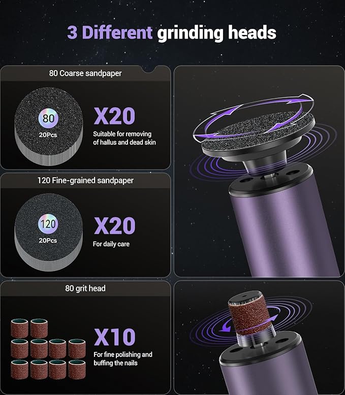 5-in-1 Professional Electric Callus Remover(Portable & Foldable), Removes 99.92% of Calluses in 3 Mins, Rechargeable Foot File Pedicure Kits with 10 & 40 Grit Pads for Soft Smooth Feet, Purple