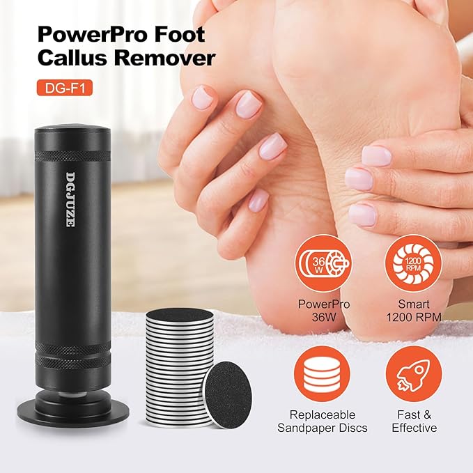PowerPro Electric Foot Callus Remover,36W Professional 1200rpm Heavy Duty Metal Grinder for Dead Skin Automatic Foot Sander with 60pcs Sandpaper Pads for Home Use Pedicure Kit(Black)