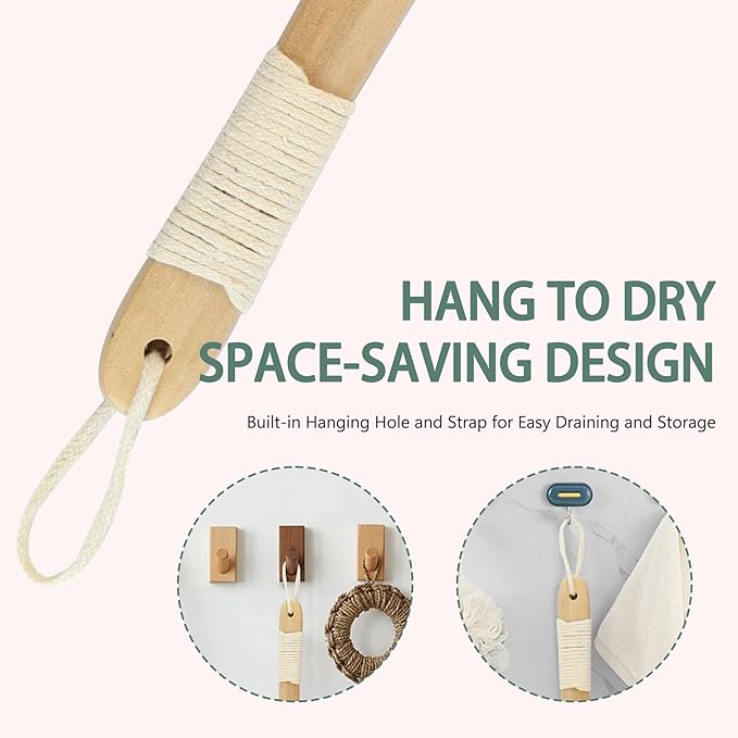 2-in-1 Shower Brush with Loofah Refill Pads, Dual-Sided Long Handle Body Scrubber with Soft & Firm Bristles and Loofah Pad Attachment, Exfoliating Back Brush for Wet or Dry Use, for Men and Women