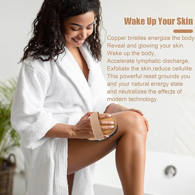 OWIIZI Copper Dry Brushing Body Brush with Ion Charged Copper Soft Bristles Antiskid Wooden Exfoliator Massage Body Scrubber