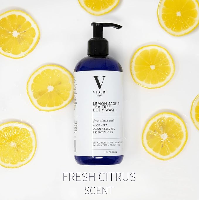 Sulfate Free Body Wash for Sensitive Skin Lemon Sage & Tea Tree Body Wash - Essential Oils, Aloe Vera & Jojoba - Antioxidant Rich, Gentle on Skin & Fresh Citrus Scent - Large 12 fl oz