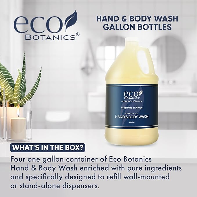 1-Shoppe Terra Pure Eco Botanics Natural Hand & Body Wash with Raw Honey & White Tea | Gallon Jug Bulk Toiletries for Airbnb, Vacation Rentals, and Home Bathroom| Refill For Soap Dispensers | Set Of 4
