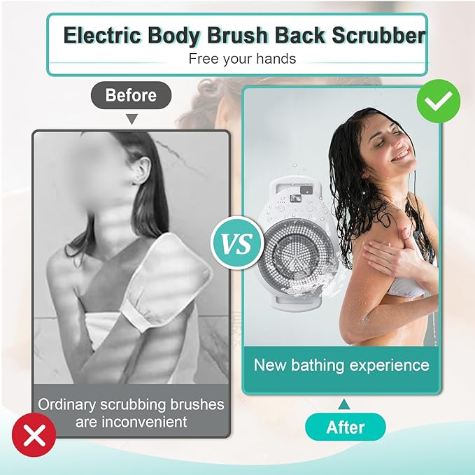 Wall Mounted Electric Back Scrubber With Spin Head for Shower - Body Brush for Deep Cleansing, Exfoliating and Massaging - Dry Brushing Bath Brush