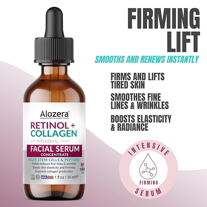 Alozera Retinol Collagen Firming Body Lotion (2-Pack) and Retinol Collagen Serum with Stem Cells – Hydrating and Firming Skincare Duo for Face, Neck and Body, Lightweight, Fragrance-Free, Made in USA