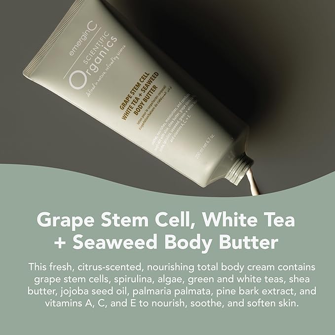 emergin C Scientific Organics Grape Stem Cell, White Tea + Seaweed Body Butter - Nourishing Plant Stem Cell Cream with Vitamins A, C, E for Dry Skin (6.7 oz, 200 ml)