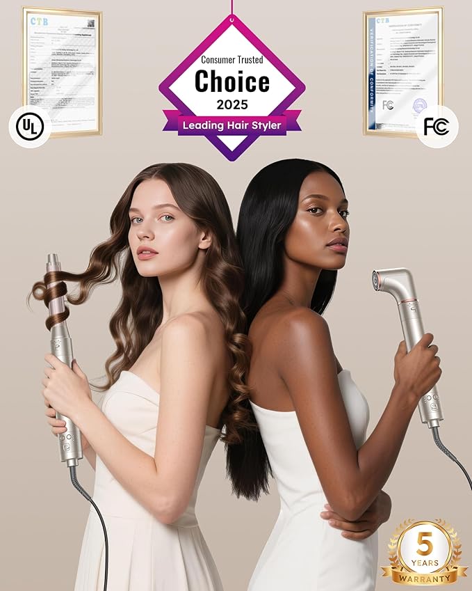 Deluxe 8-in-1 Air Styler Pro 2025 by Rylena, Hair Dryer Brush for Fast Drying, Auto Curling, Smoothing&Volumizing, 8 Attachable Heads, 110,000 RPM High-Speed Multi Styler, 600M Ionic Care, Stone