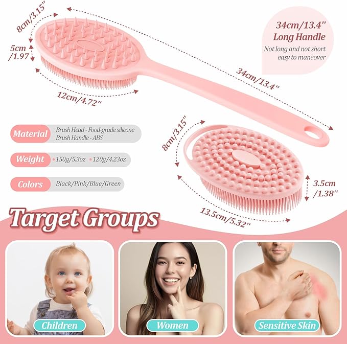 Silicone Back & Body Scrubber Set 2PCS, 13.4'' Gentle Exfoliating Back Scrubber with Dual-Side Head and Non-Slip Handle, Hygienic Silicone Loofah with Soft Bristles and Massage Dots(Pink-2PC)