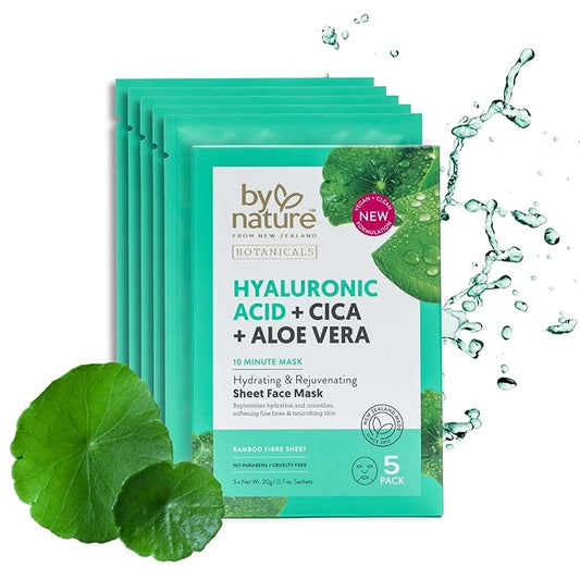 By Nature Face Mask with Hyaluronic Acid, Cica, and Aloe Vera - 5 Sheet Masks - Hydrating and Rejuvenating Skincare Set