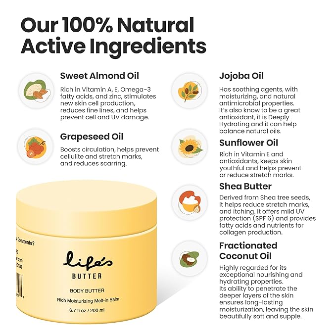 Life's Butter Body Butter – Rich, Non-Greasy Moisturizer with Jojoba, Almond & Argan Oils for Deep Hydration, Nourishing Dry Skin, Firming & Smoothing Arms, Legs & Body – 100% Natural Ingredients