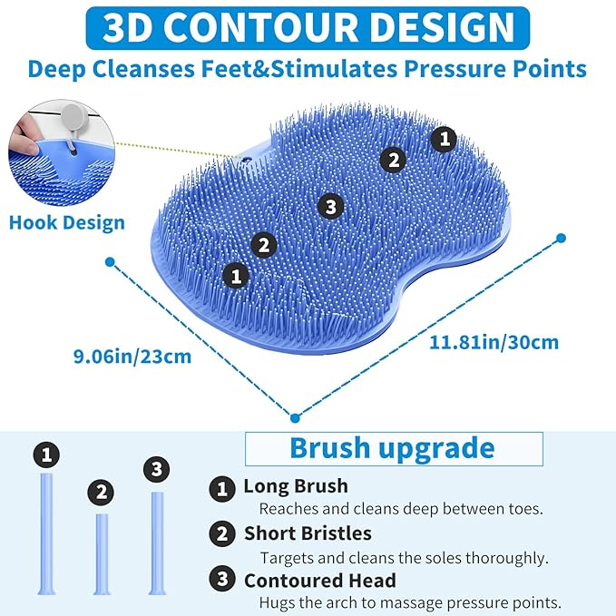 Shower Foot Scrubber Mat with 3 Types of Upgraded Brushes for Massage, Shower Back Scrubber with Micro suction cups,Back Washer,Shower Scrubber for Body at Home Spa (Sky Blue)