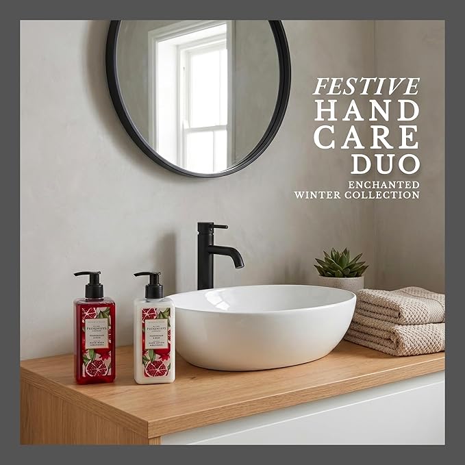 Pecksniffs Moisturizing Hand Wash and Hand & Body Lotion Caddy Set - Enchanted Winter Hand Care Duo, Pomegranate & Musk, Hard Box