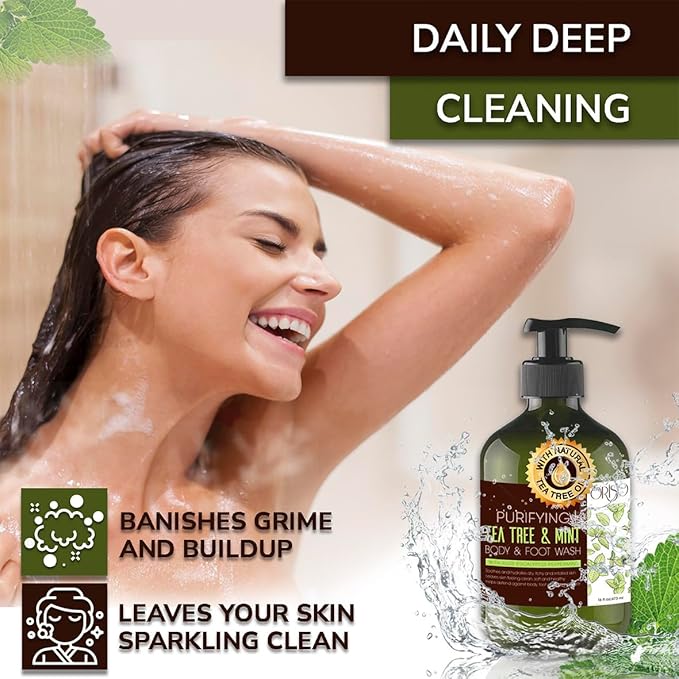 Tea Tree Body Wash with Mint for Women and Men - Helps Acne - Athletes Foot - Jock Itchy - Ringworm - Eczema - Body Odor - Itchy Skin - Moisturizing and Hydrating Sensitive Skin - 16oz