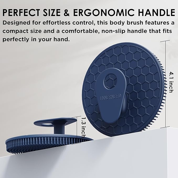 INNERNEED 2 Pieces African Net Sponge Exfoliating Shower Mesh Bath Washcloth Case, with 1 Silicone Body Scrubber Brush (Darkblue)