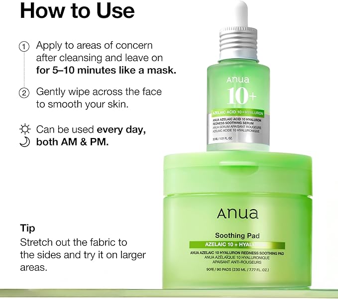 Anua Azelaic 10 Hyaluron Redness Soothing Pad, Troubled & Spot Care with Korean toner pads, Quick & Easy Stretchable Facial Mask with Azelaic acid, Hyaluronic Acid, Korean Skin Care (90 pads)