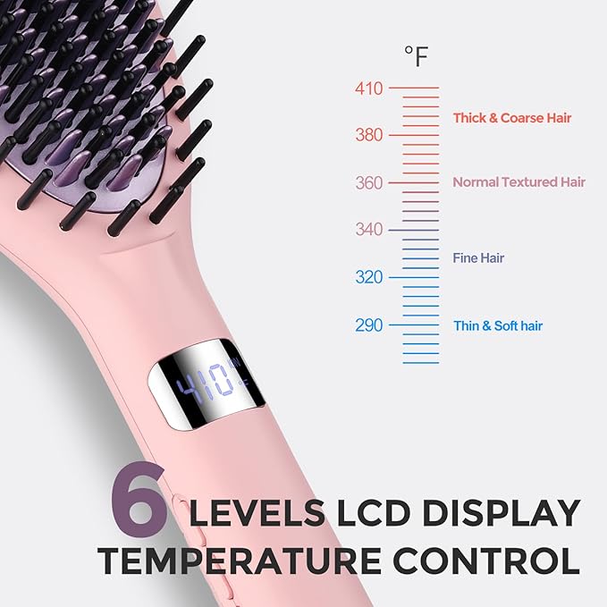 Ionic Hair Straightener Brush – Ceramic Straightening Brush with 6 Temp Settings, LCD Display, Auto-Off, Dual Voltage Flat Iron with Anti-Scald Design, Pink