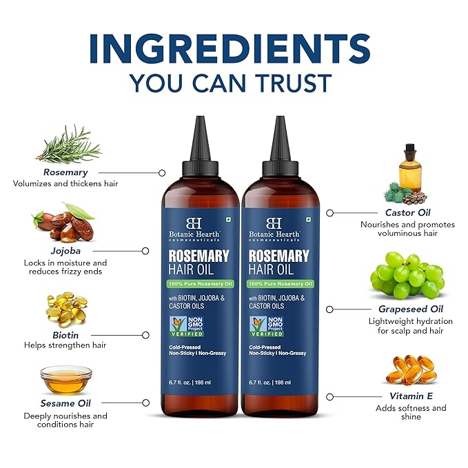 Botanic Hearth 100% Pure Rosemary Oil For Hair Growth | Infused with Biotin, Jojoba & Castor Oil | Hair Oil Repairs Dry Damaged Hair, Strengthening, Healthier - Hair Tonic, 6.7 fl oz - Pack of 2