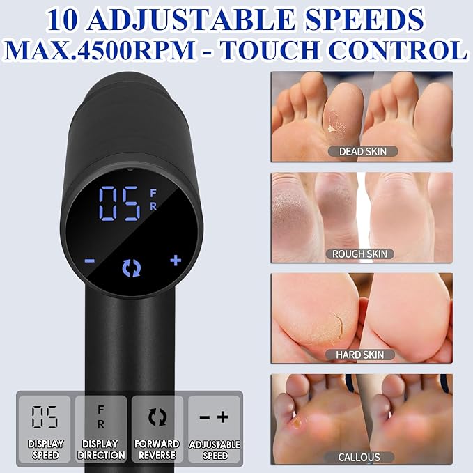 Upgraded Electric Callus Remover for Feet 4500rpm, Adjustable Speed Electric Foot Callus Remover Foot Sander Grinder Pedicure File for Women Men Dead Skin Cracked Heels (Black)