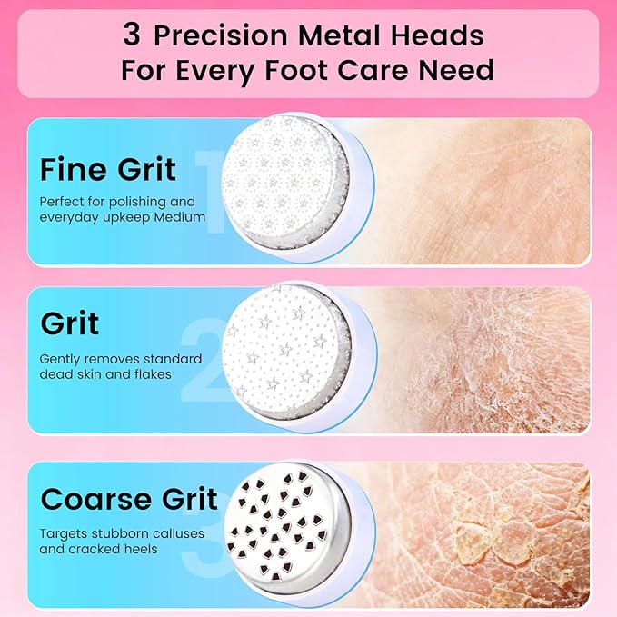 Wireless Electric Foot File - Callus Remover Tool for Feet, Rechargeable Pedicure Tool with 3 Replaceable Grinding Heads, Professional Adjustable Speed Foot Files for Dead Skin, Cracked Heels (White)