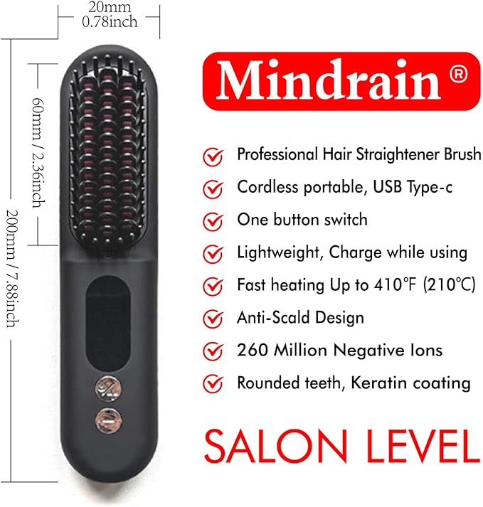 Mindrain Mini Cordless Hair Straightener Brush Pro A+, Portable Straightening Brush for Travel, Ionic Hot Comb Straightener, USB Rechargeable, It can be Used While Charging, Gifts for Women. (Black)