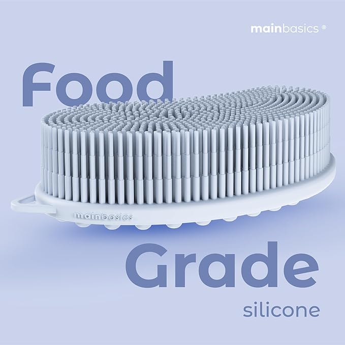 MainBasics Silicone Body Scrubber – Dual-Sided Shower Scrubber with Massage Nodes, Silicone Loofah Alternative for Deep Clean (Frosted Sky, Massage)