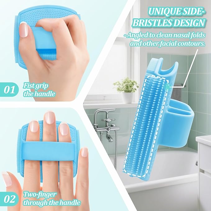 Silicone Back & Face Scrubber & Bath Glove Set 3PCS, 13.4'' Gentle Back Scrubber with Dual-Side Head, 360° Anti-Slip Bath Glove, Unique Side-bristled Face Scrubber for All-Round Cleaning(Blue)