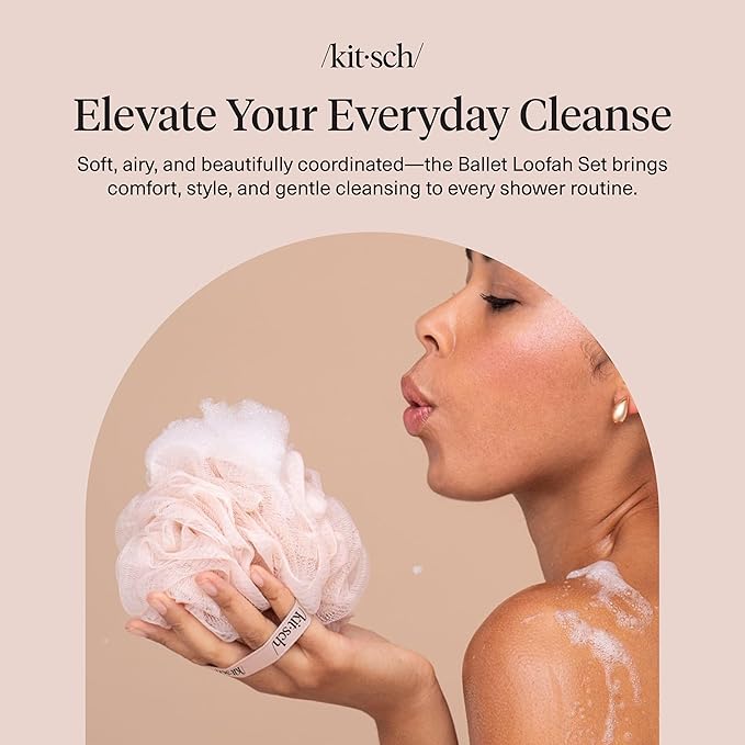 Kitsch Shower Loofah – Soft Mesh Body Scrubber & Bath Sponge for Daily Gentle Cleansing – Durable Loofah for Men and Women with Hanging Loop, Eco-Friendly, 100% PCR Material – 3pc Set, Ballet