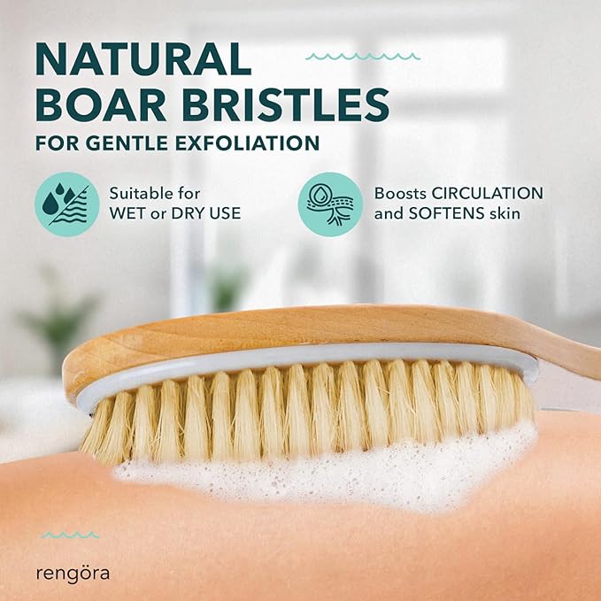 Dry Brushing Body Brush, Body Scrubber Dual-Use for Wet/Dry Exfoliating, Great for Lymphatic Drainage, Natural Boar Bristles, Ergonomic Handle, Makes a Nice Gift by Rengora