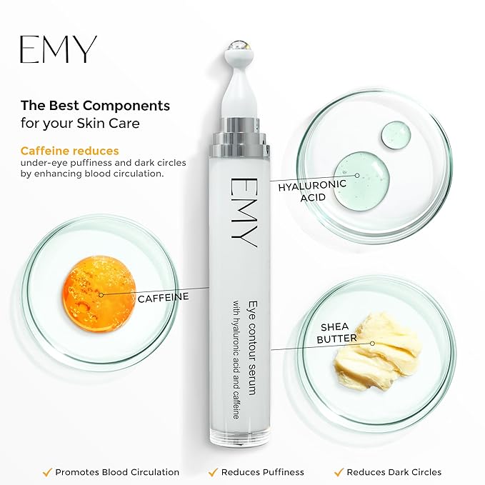 Eye Roller Serum with Caffeine & Hyaluronic Acid Reduces Dark Circles, Puffiness & Fine Lines Cooling Steel Ball Applicator Hydrating Non-Greasy Fast Absorbing For All Skin Types