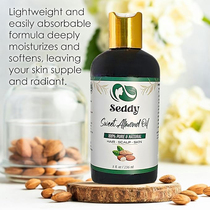 Seddy Sweet Almond Oil - 100% Pure & Natural Carrier Oil for Skin, Face, Hair, Soap Making, Essential Oils & Aromatherapy - Premium Moisturizer & Softener, Hexane-Free - 8 Fl. Oz