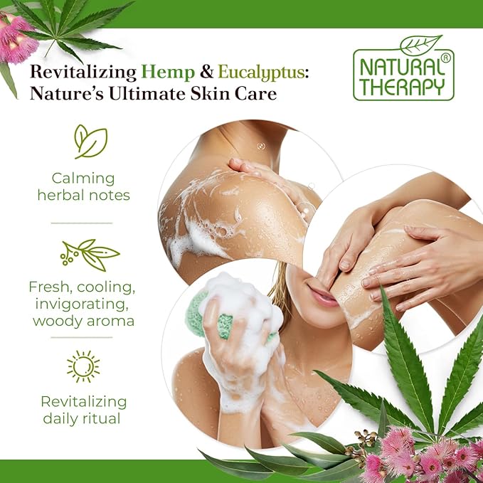 Natural Therapy Body Wash for Women and Men with Hemp & Eucalyptus Oils - Shower Gel Cleanses and Moisturizing Skin - With Dead Sea Minerals Nourish for Body, Pack of 2 (67.6 fl.oz)