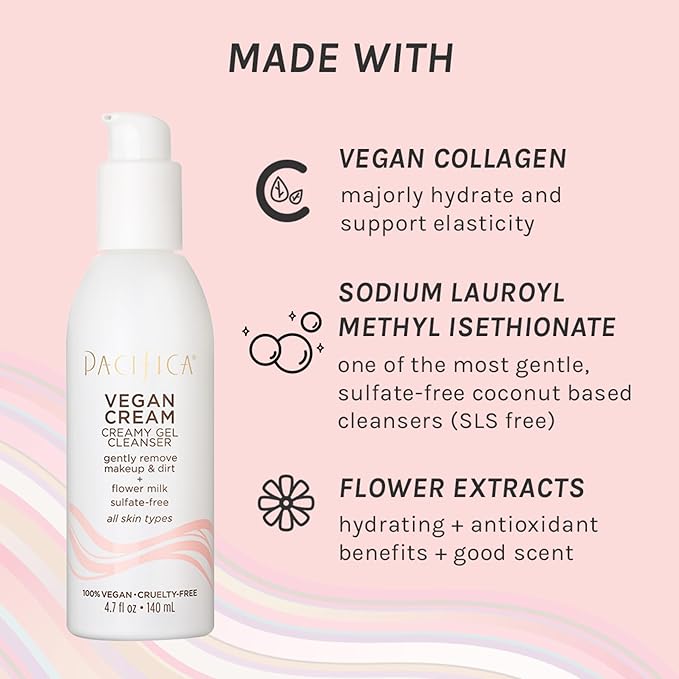 Pacifica Vegan Collagen Cream Gel Facial Cleanser - Daily Foaming Face Wash & Makeup Remover, Hydrating Anti-Aging Face Wash for Dry & Sensitive Skin, 4.7oz