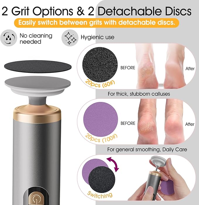 Electric Callus Remover for Feet, Rechargeable Pedicure Tools for Feet with 40PCS Sandpaper Discs, Adjustable Speed Heel Scraper for Cracked Heels, Foot Care Scrubber File for Dry Dead Skin