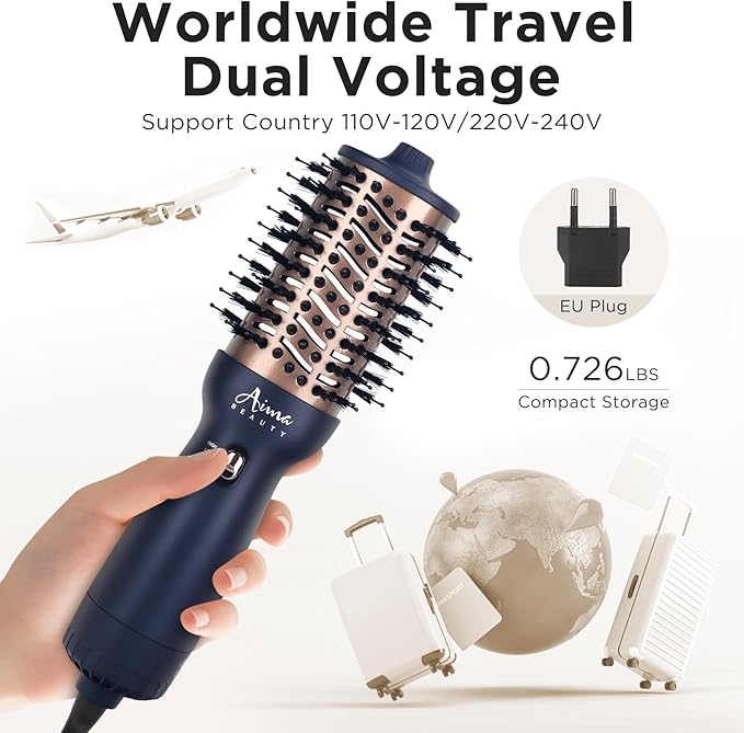 Aima Beauty Worldwide Travel Hair Dryer Brush 110-240V Dual Voltage Blow Dryer Brush Hot Air Brush Oval Barrel 360° Hot Airflow, Negative Ionic Frizz-Free Dry/Straightening/Voluming,Prussian Blue
