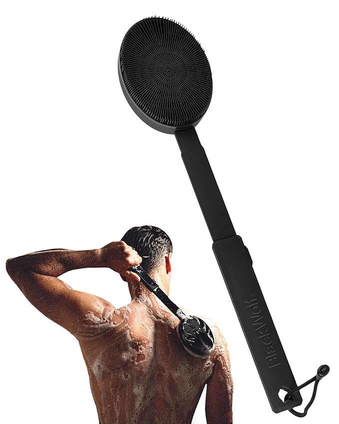 Black Wolf Silicone Body Scrubber & Exfoliator - Vibrating Loofah Shower Scrubber Brush with Handle Extension for Back - Deep Cleaning & Exfoliating Body Scrub - Bath Hygiene Essentials - Men & Women