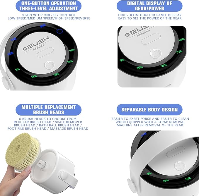 Electric Body Brush Back Scrubber - Waterproof Long Handle 5-in-1 Rechargeable Bath Brush with 3 Speed Modes, Exfoliating & Massaging Shower Brush for Body (White)