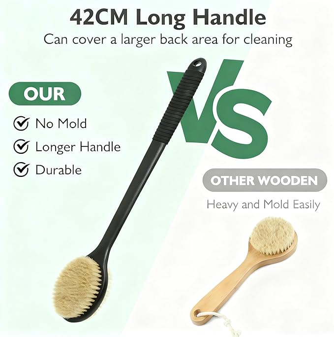 VANZAVANZU 17 Inch Anti-Slip Long Handle Back Scrubber for Shower – Dual-Sided Shower Brush and Shower Back Scrubber with Soft & Stiff Bristles for Wet or Dry Use (Black)
