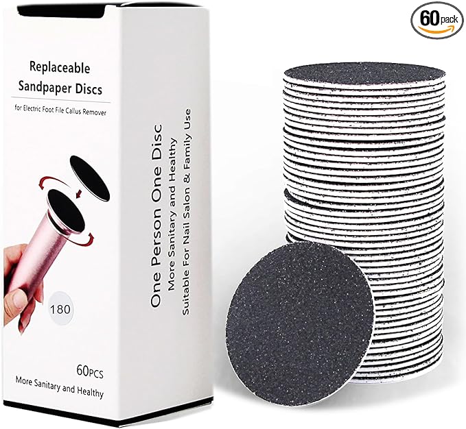60pcs Replaceable Sandpaper Refill Discs for Electric Foot File Callus Remover Hard Dry Dead Skin Removal (Fine 180 Grit)
