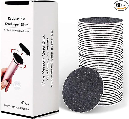60pcs Replaceable Sandpaper Refill Discs for Electric Foot File Callus Remover Hard Dry Dead Skin Removal (Fine 180 Grit)