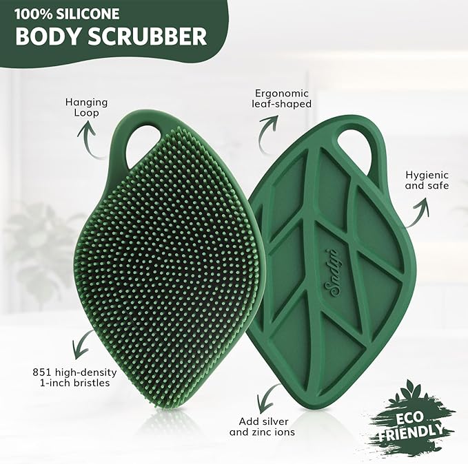 Sndyi Christmas Silicone Body Scrubber, Limited Edition Leaf-Shaped Shower Brush for Gentle Cleanse & Exfoliation, Soft Silicone Loofah Body Brush for Sensitive Skin, Perfect Holiday Gift, Evergreen