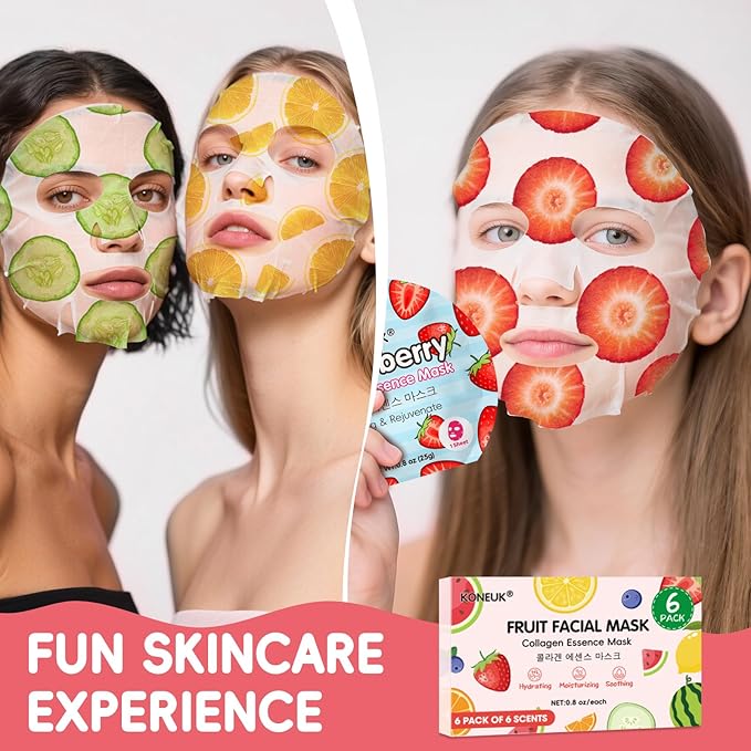 6 Pack Colorful Fruit Face Masks Skincare, Sheet Hydrating Face Mask, Collagen Facial Mask for Skin Care, Stocking Stuffers for Women, Bulk Christmas Gifts and Spa Party Gifts