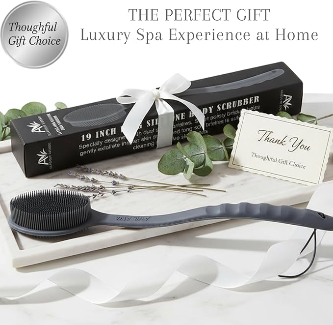 Long Handle Back Scrubber for Shower - 19 inch Extended Reach Silicone Body Brush - Avilana Bath Scrubber Extended Reach Tool - Easy Grip Body Wash Brush Gift