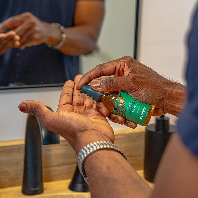 Badger Organic Jojoba Hair Oil & Dry Scalp Treatment, Soothing & Moisturizing Itchy Dry Scalp Oil, Rosemary Hair Oil, Organic Jojoba Oil Hair & Scalp Moisturizer, 2 fl oz Glass Bottle