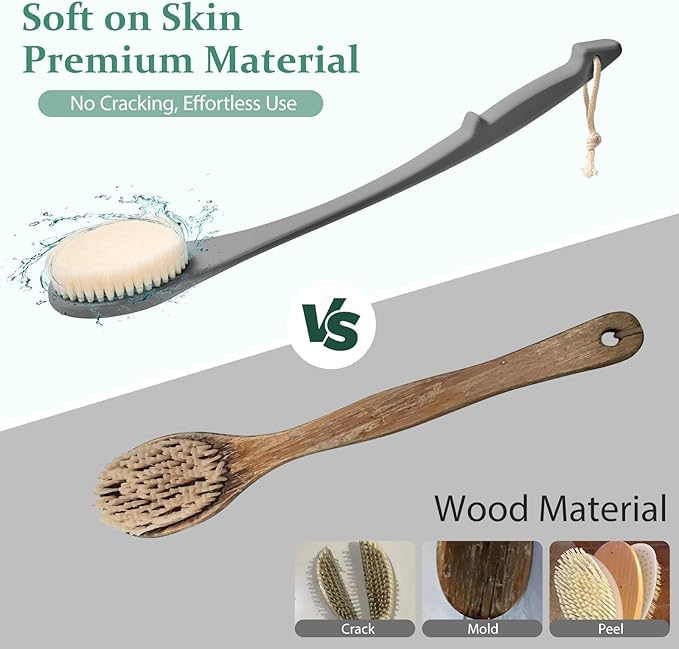 Back Scrubber for Shower, 17-Inch Shower Brush for Men and Women, Long Handle Exfoliating Body Brush, Medium Bristle Stiffness for Dry or Wet Brushing (Deep Gray)