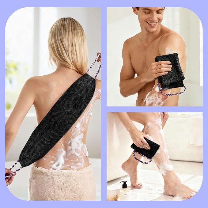 Manmihealth Dual-Sided Silicone Body Scrubber Scalp Massager & African Bath Sponge Net Set, 2-in-1 Silicone Shower Shampoo Brush Africa Wash Net Combination, Lather Well, Strong Exfoliating (Black)