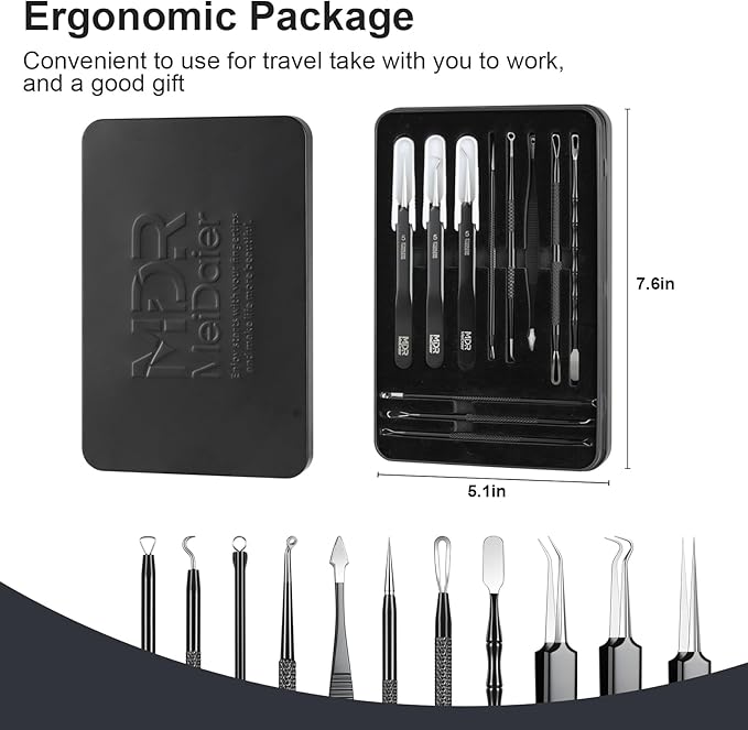 11PCS Blackhead Remover Comedone Extrator Kit, Pimple Extractor Acne Removal Tool Kit, Curved Blackhead Tweezers Kit, Comes with Alcohol Tablets and Magnifying Glasses for Blemish Removal (Iron Box)